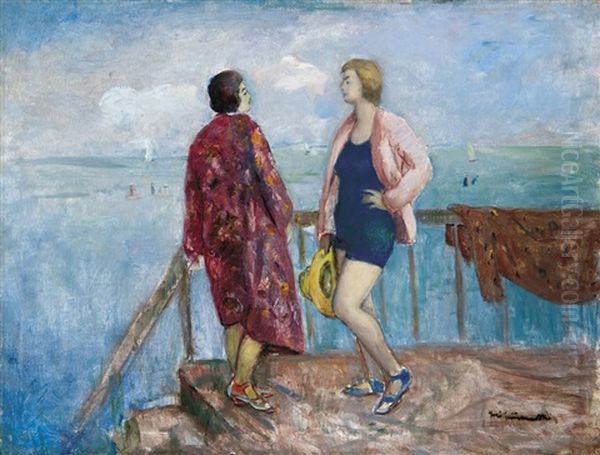 Bathers At Lake Balaton Oil Painting by Bela Ivanyi Gruenwald