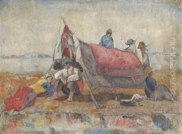 Tsiganes Pres Du Campement Oil Painting by Bela Ivanyi Gruenwald