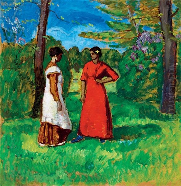 Girls In The Park Oil Painting by Bela Ivanyi Gruenwald