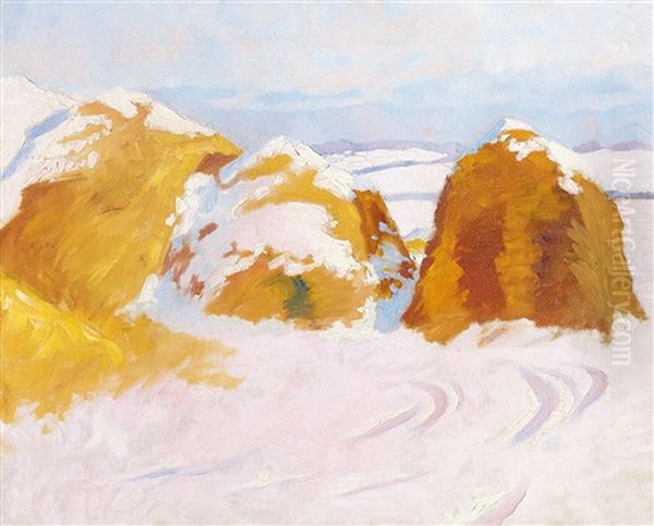 Snowy Sunlit Haystacks Oil Painting by Bela Ivanyi Gruenwald