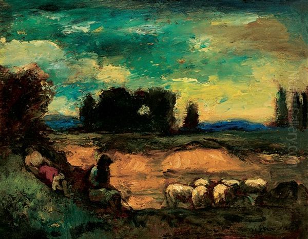 Landscape With Sheeps Oil Painting by Bela Ivanyi Gruenwald