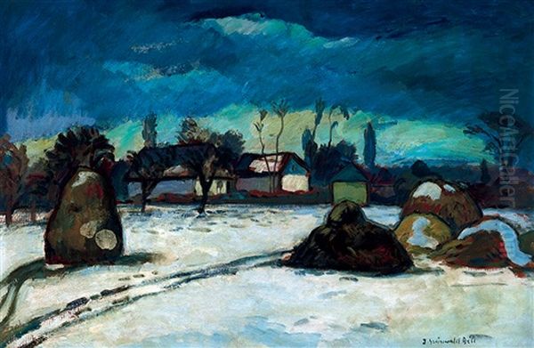 Village End In Winter (kecskemet) Oil Painting by Bela Ivanyi Gruenwald