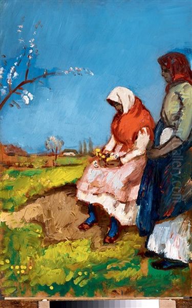 Girls In The Fields Oil Painting by Bela Ivanyi Gruenwald