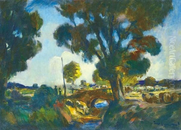 Riverbank With Trees Oil Painting by Bela Ivanyi Gruenwald