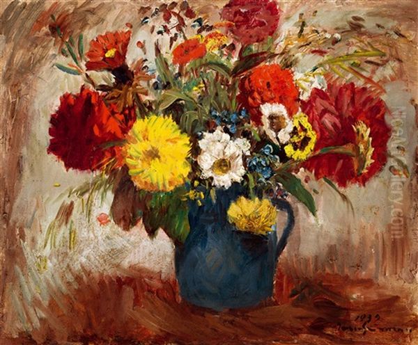 Still-life Of Flowers With Blue Vase Oil Painting by Bela Ivanyi Gruenwald