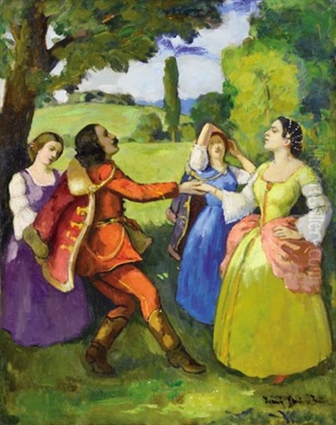 Company In The Open Air Oil Painting by Bela Ivanyi Gruenwald