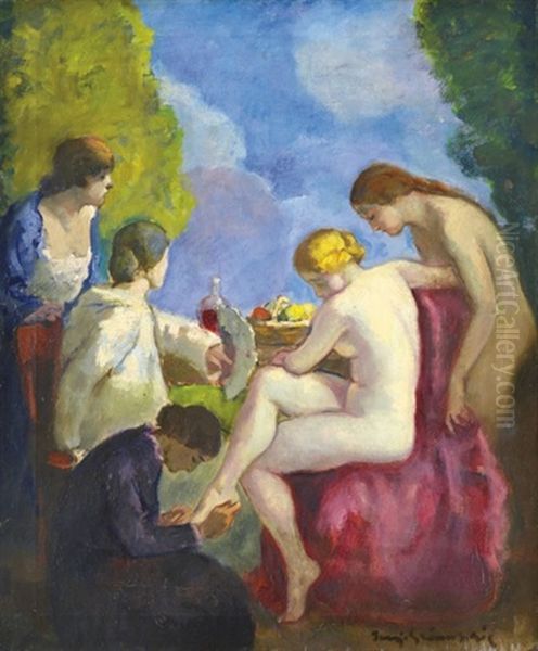 After The Bath Oil Painting by Bela Ivanyi Gruenwald