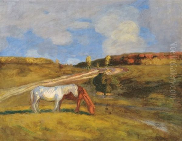 Landscape With Horses Oil Painting by Bela Ivanyi Gruenwald