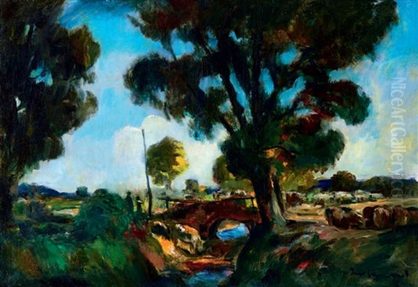 Brook-side With Trees Oil Painting by Bela Ivanyi Gruenwald