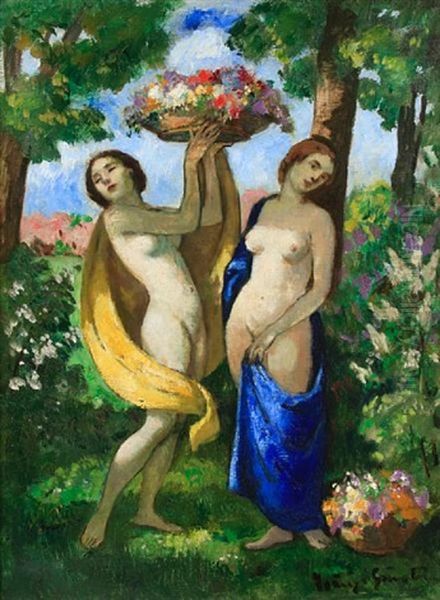 Two Nudes In A Landscape Oil Painting by Bela Ivanyi Gruenwald