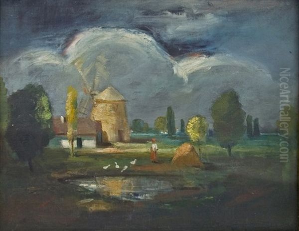 Rural Landscape With Windmill Oil Painting by Bela Ivanyi Gruenwald