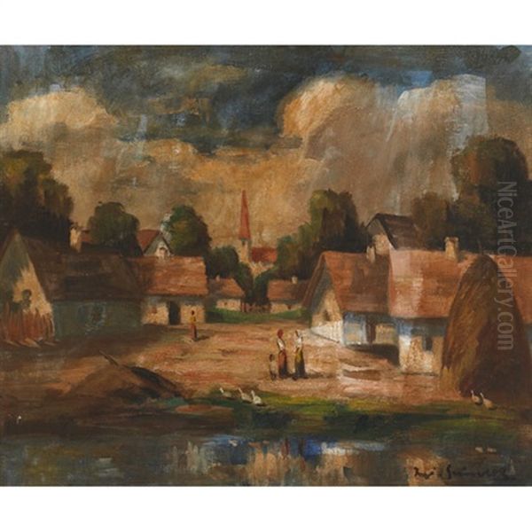 Village Scene Oil Painting by Bela Ivanyi Gruenwald