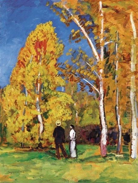 In The Park - Autumn Oil Painting by Bela Ivanyi Gruenwald