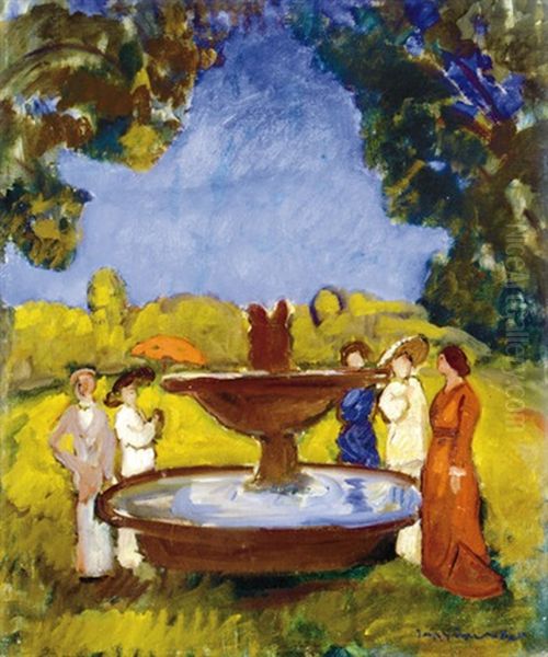 Company At The Fountain Oil Painting by Bela Ivanyi Gruenwald