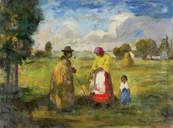 Family In The Field Oil Painting by Bela Ivanyi Gruenwald