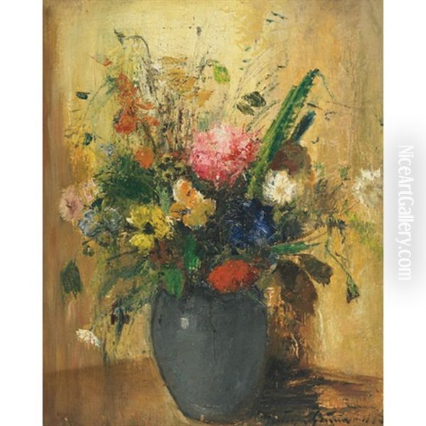 Summer Bouquet In A Blue Vase Oil Painting by Bela Ivanyi Gruenwald