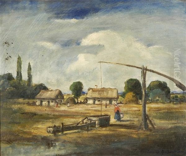 Landschaft Mit Bauernhausern, Ziehbrunnen Und Figurenstaffage Oil Painting by Bela Ivanyi Gruenwald