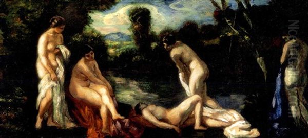 Furdozok (bathers) Oil Painting by Bela Ivanyi Gruenwald