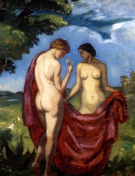 Aktok Voros Lepellel (nudes With Red Plaid) Oil Painting by Bela Ivanyi Gruenwald