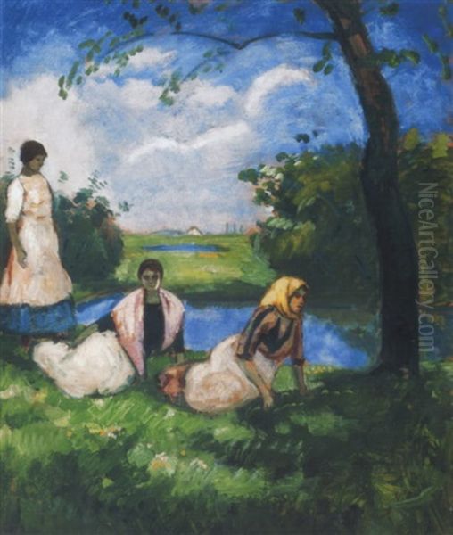 Lanyok A Mezon (girls In The Field) Oil Painting by Bela Ivanyi Gruenwald