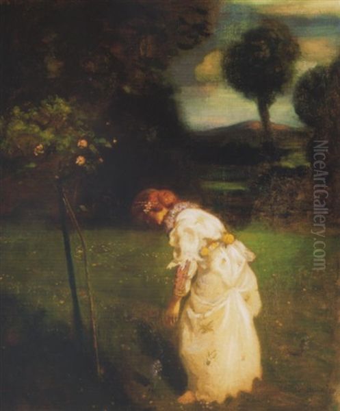 Tavasz - Feherruhas No Viragos Kertben (spring - White-dressed Woman In Flowery Garden) Oil Painting by Bela Ivanyi Gruenwald