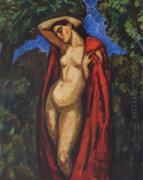 Akt Voros Lepellel (nude With Red Mantle) Oil Painting by Bela Ivanyi Gruenwald