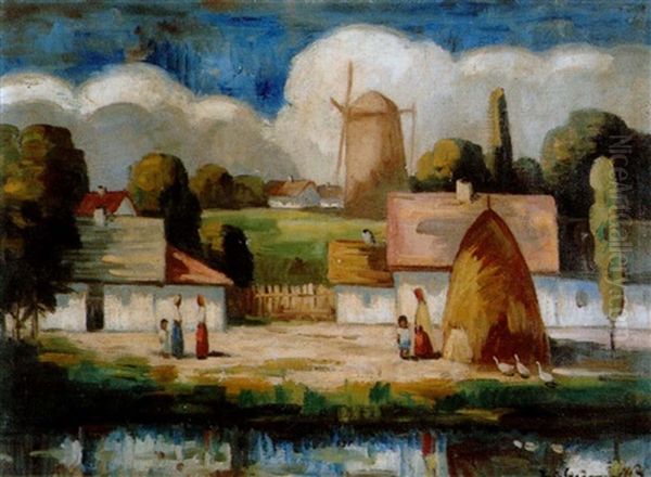 Dorflandschaft Mit Windmuhle Und Figurenstaffage Oil Painting by Bela Ivanyi Gruenwald