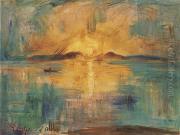 Balatoni Naplemente Badacsonynal (sunset By The Lake Balaton At Badacsony) Oil Painting by Bela Ivanyi Gruenwald