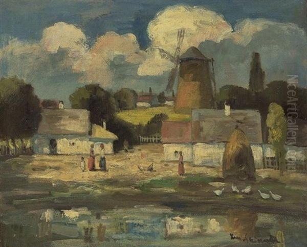 Village Scene Oil Painting by Bela Ivanyi Gruenwald