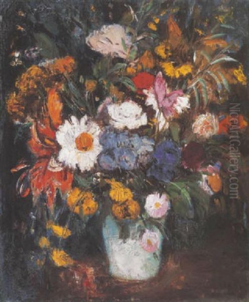 Viragcsendelet (still-life Of Flowers) Oil Painting by Bela Ivanyi Gruenwald