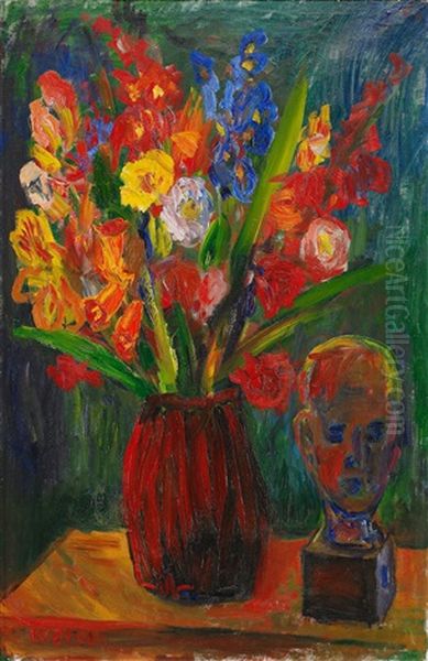 Blommor - Stilleben Med Blommor I Vas Samt Byst Oil Painting by Ivan Ivarson