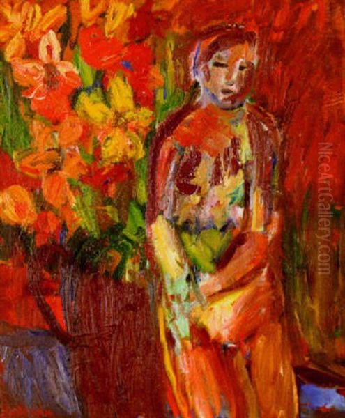 Modell Med Blommor Oil Painting by Ivan Ivarson