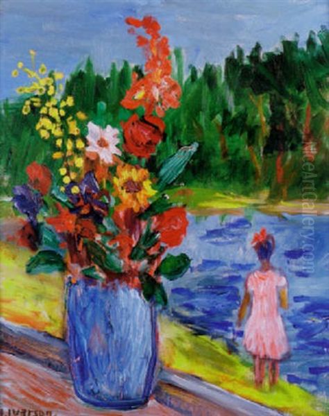 Sommarutsikt Med Flicka Vid Vatten Och Angsblommer I Vas Oil Painting by Ivan Ivarson