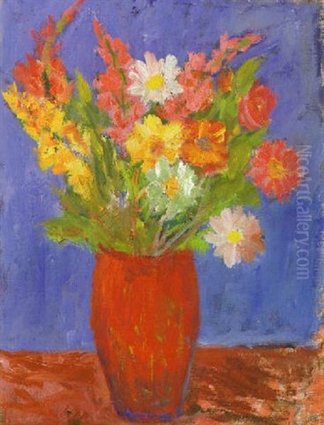 Blomsterstilleben I Rod Kruka Oil Painting by Ivan Ivarson