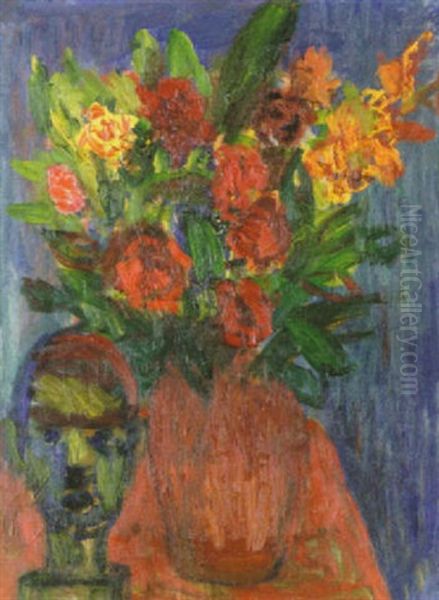 Blomsterstilleben Med Skulptur Oil Painting by Ivan Ivarson