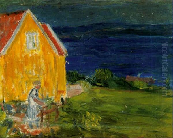 Kvinna Vid Hus Vid Havet Oil Painting by Ivan Ivarson