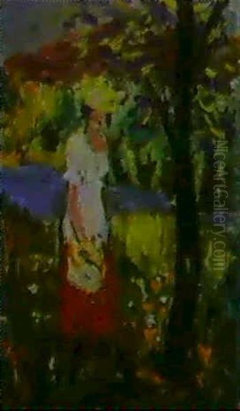 Flicka Vid Trad Oil Painting by Ivan Ivarson