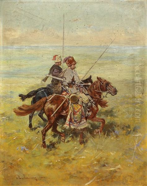 Riders On The Steppe Oil Painting by Mikolai Ivasiuk