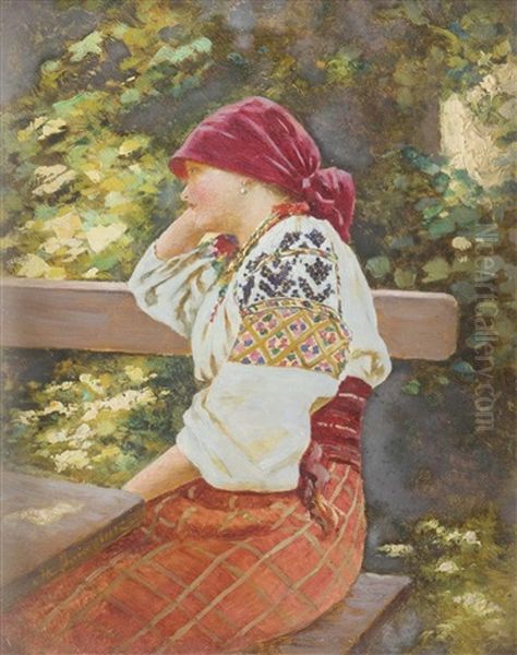 Junge Frau In Ukrainischer Tracht Oil Painting by Mikolai Ivasiuk