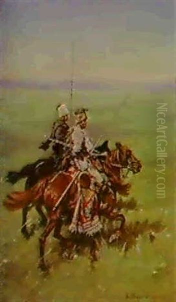 Two Mounted Cossacks Oil Painting by Mikolai Ivasiuk