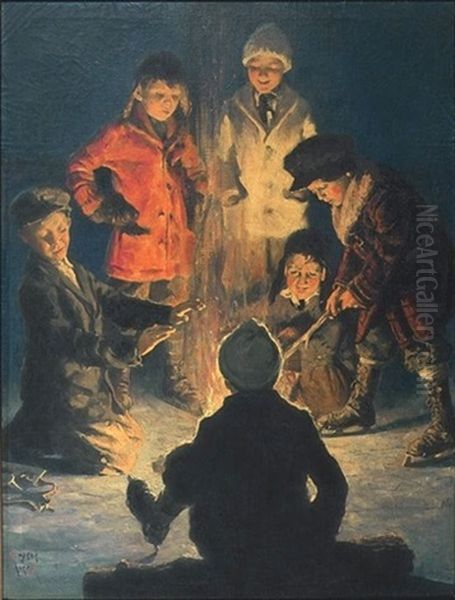 Children Around A Campfire At Edge Of Frozen Pond (illus. For Saturday Evening Post) Oil Painting by Eugene Iverd