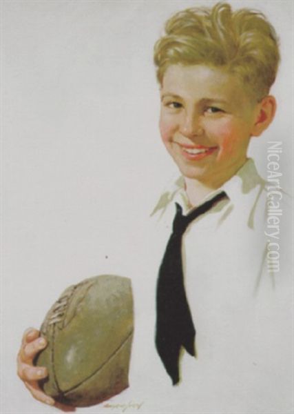 Smiling Boy Holding Football Oil Painting by Eugene Iverd