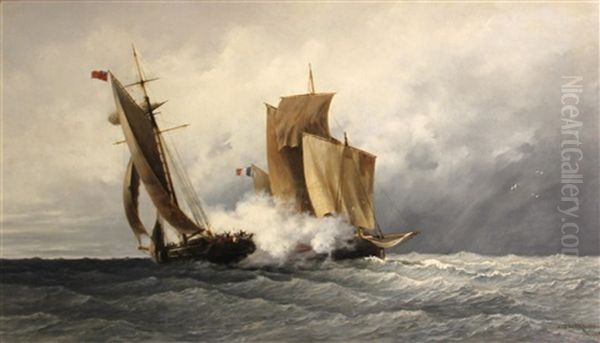 A Naval Combat Oil Painting by Jean Francois D' Ivernois