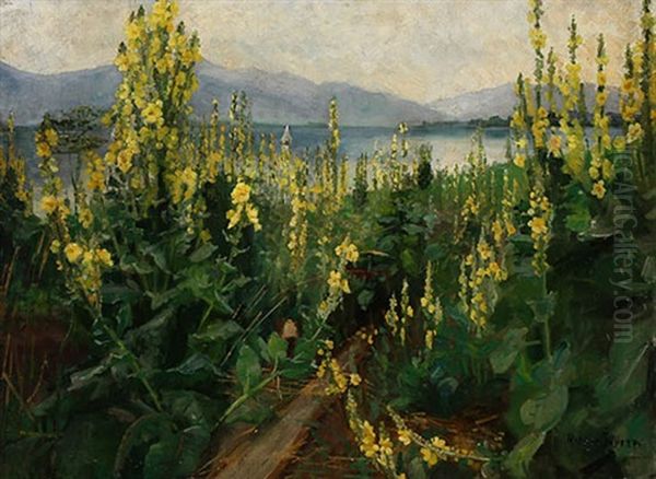 Yellow Flowers In A Mountain Landscape Oil Painting by Helen Iversen