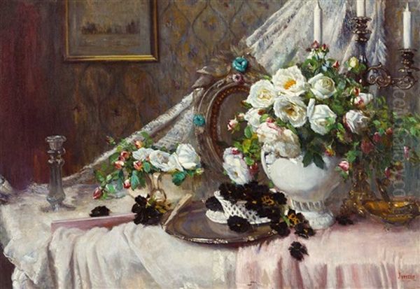 Prachtvolles Stilleben Mit Weisen Rosen Und Stiefmutterchen, Spiegel Und Silbernem Kandelaber Vor Tapetenhintergrund Oil Painting by Helen Iversen