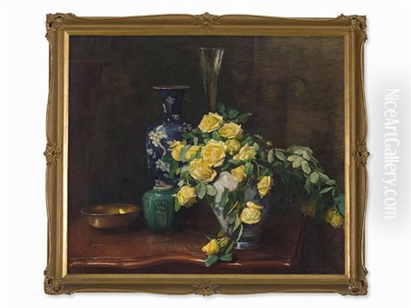 Vase With Yellow Roses Oil Painting by Helen Iversen