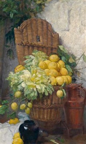 Groses Stillleben Mit Einem Zitronenkorb (+ Gartenlandschaft, Verso) Oil Painting by Helen Iversen