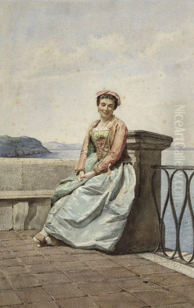 Junge Italienerin Auf Einer Terrazza Am Meer Oil Painting by Frederico Bartolini