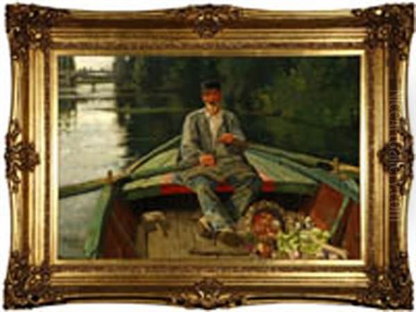 Man Rowing Along A French River Oil Painting by Percy Ives