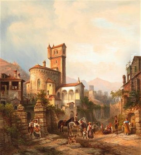 Colourful Scene In An Upper Italian Village Oil Painting by Henry Jackel